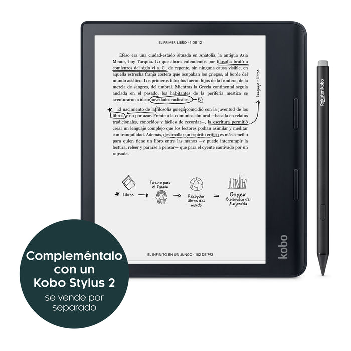 Vista frontal del Kobo Sage negro junto con el Kobo Stylus negro, que se vende por separado.