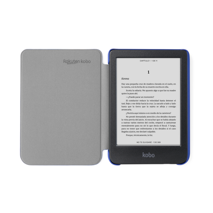 Kobo Clara BW negro en una funda SleepCover básica color azul cobalto para Kobo Clara Colour/BW abierta.