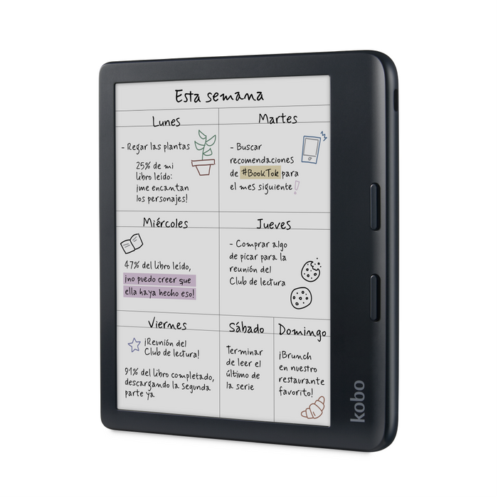 Kobo Libra Colour negro, vista frontal en ángulo.
