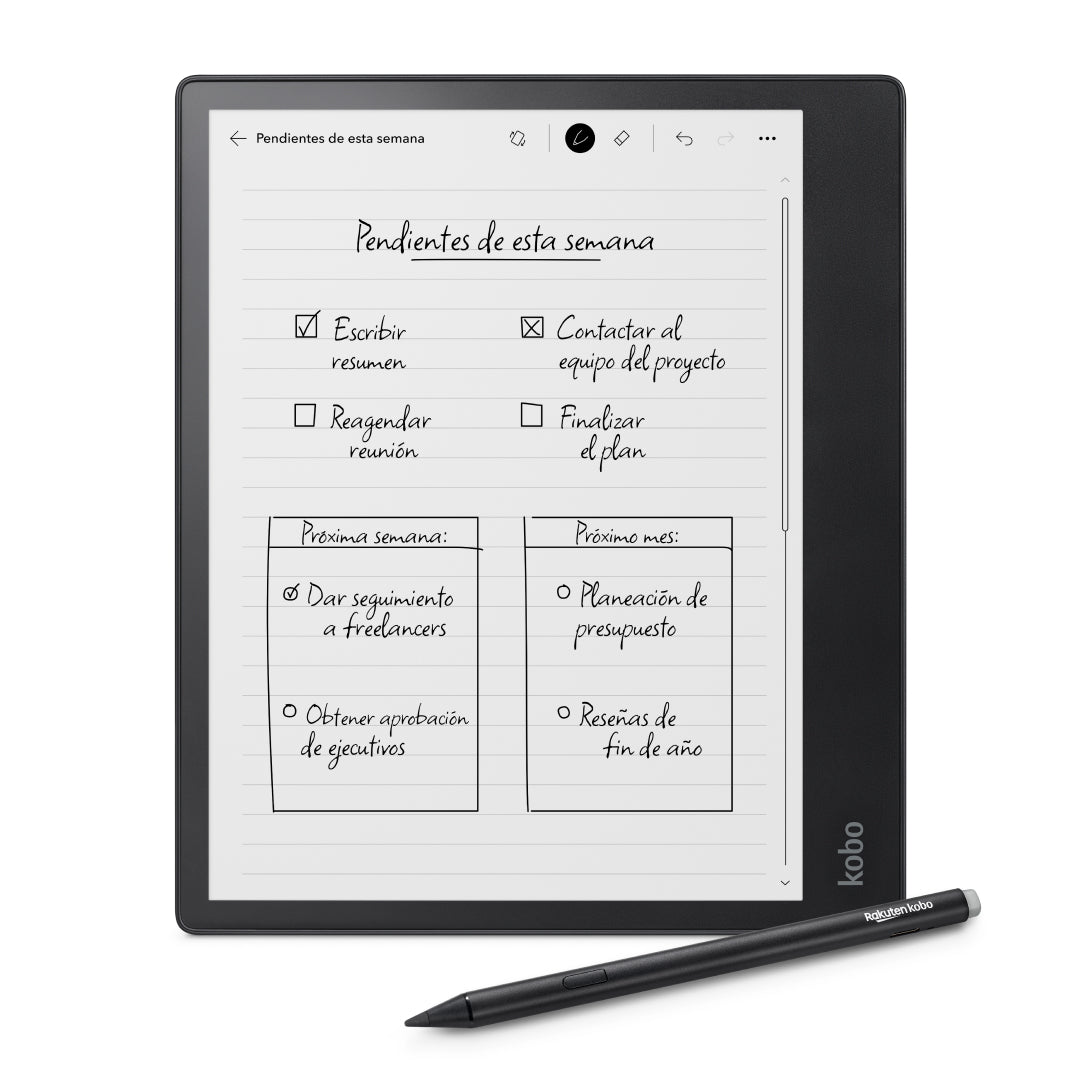 Kobo Elipsa 2E negro, vista frontal con Kobo Stylus 2 negro.