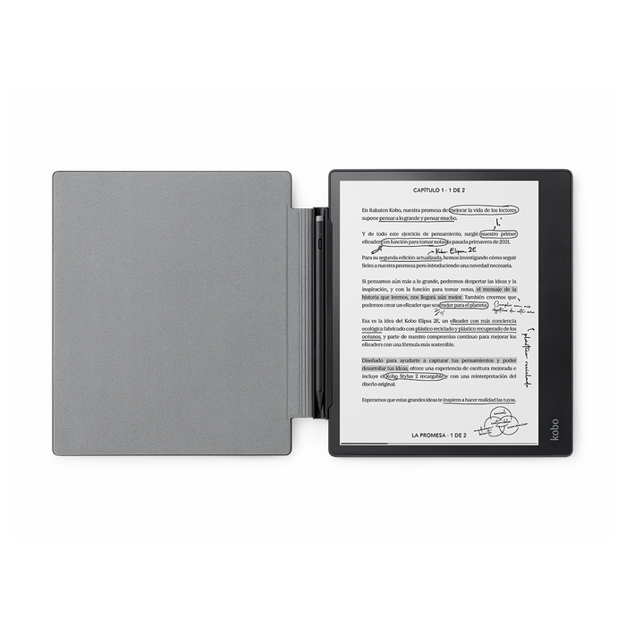 Kobo Elipsa 2E negro y Stylus en una funda SleepCover negra para Kobo Elipsa 2E abierta.