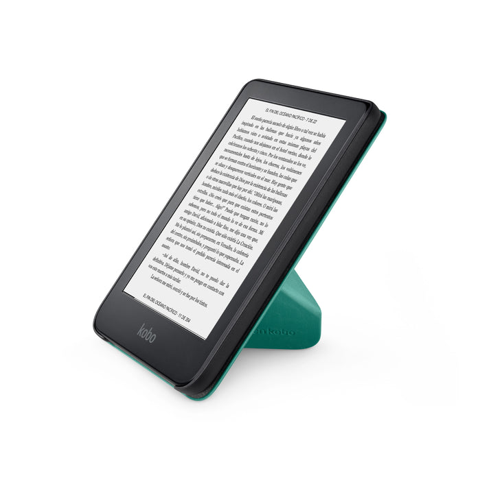 Kobo Clara 2E en una funda SleepCover color verde aguamarina para Kobo Clara 2E, vista lateral plegada en origami.