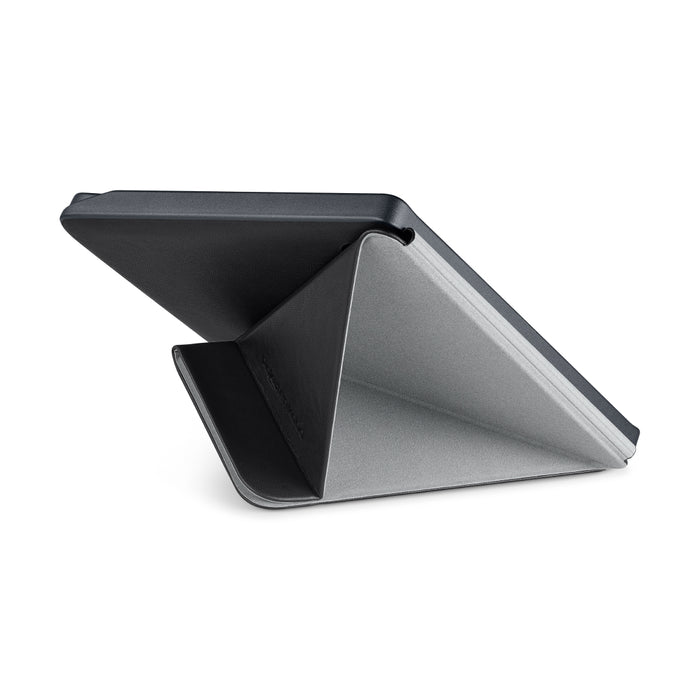 Vista posterior plegada en origami de la funda SleepCover negra para Kobo Libra 2.