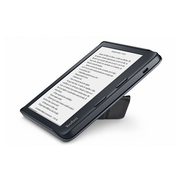 Vista lateral plegada en origami de la funda SleepCover negra para Kobo Libra 2.