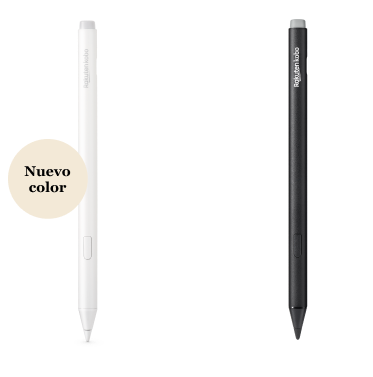 Una imagen de las versiones en negro y la nueva en blanco del Kobo Stylus 2, mostrando la goma integrada, el botón para resaltar o destacar y la punta de escritura fluida.