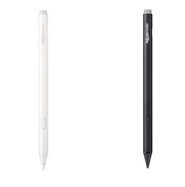 Una imagen de las versiones en negro y la nueva en blanco del Kobo Stylus 2, mostrando la goma integrada, el botón para resaltar o destacar y la punta de escritura fluida.