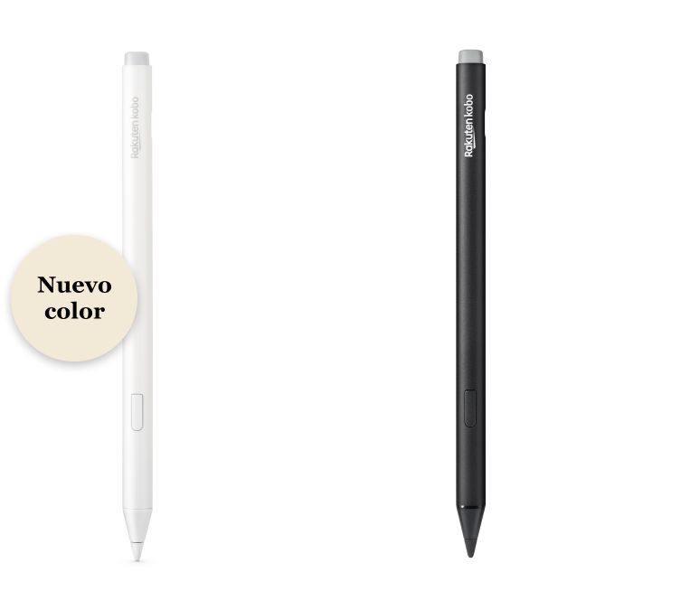 Una imagen de las versiones en negro y la nueva en blanco del Kobo Stylus 2, mostrando la goma integrada, el botón para resaltar o destacar y la punta de escritura fluida.