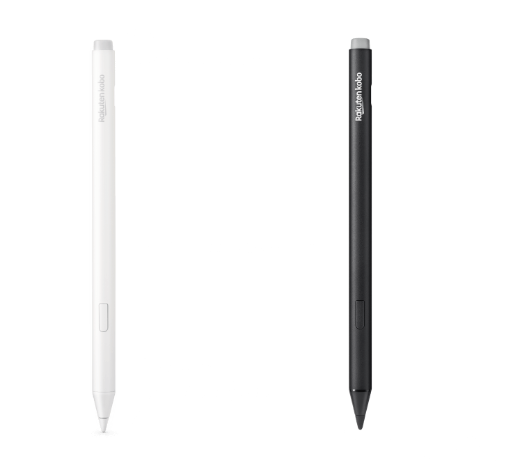 Una imagen de las versiones en negro y la nueva en blanco del Kobo Stylus 2, mostrando la goma integrada, el botón para resaltar o destacar y la punta de escritura fluida.
